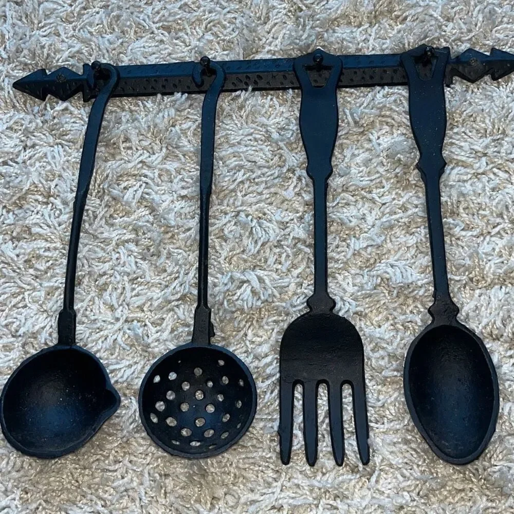 Vintage Four (4) Piece Set of Cast Iron Kitchen Utensils - Fork, Skimmer Spoon,